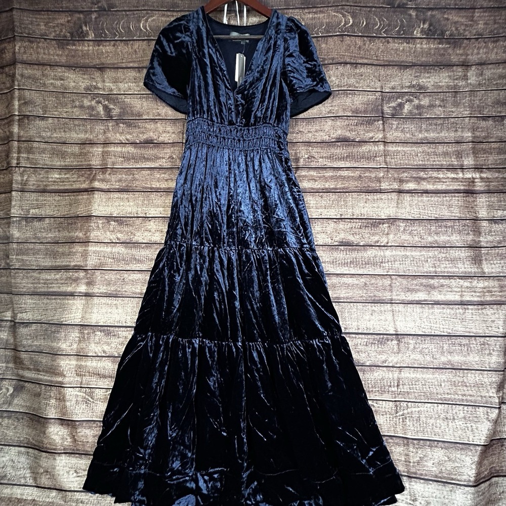 Anthropologie‎ Somerset Maxi Dress Velvet Edition Navy Blue Pockets XS NWT